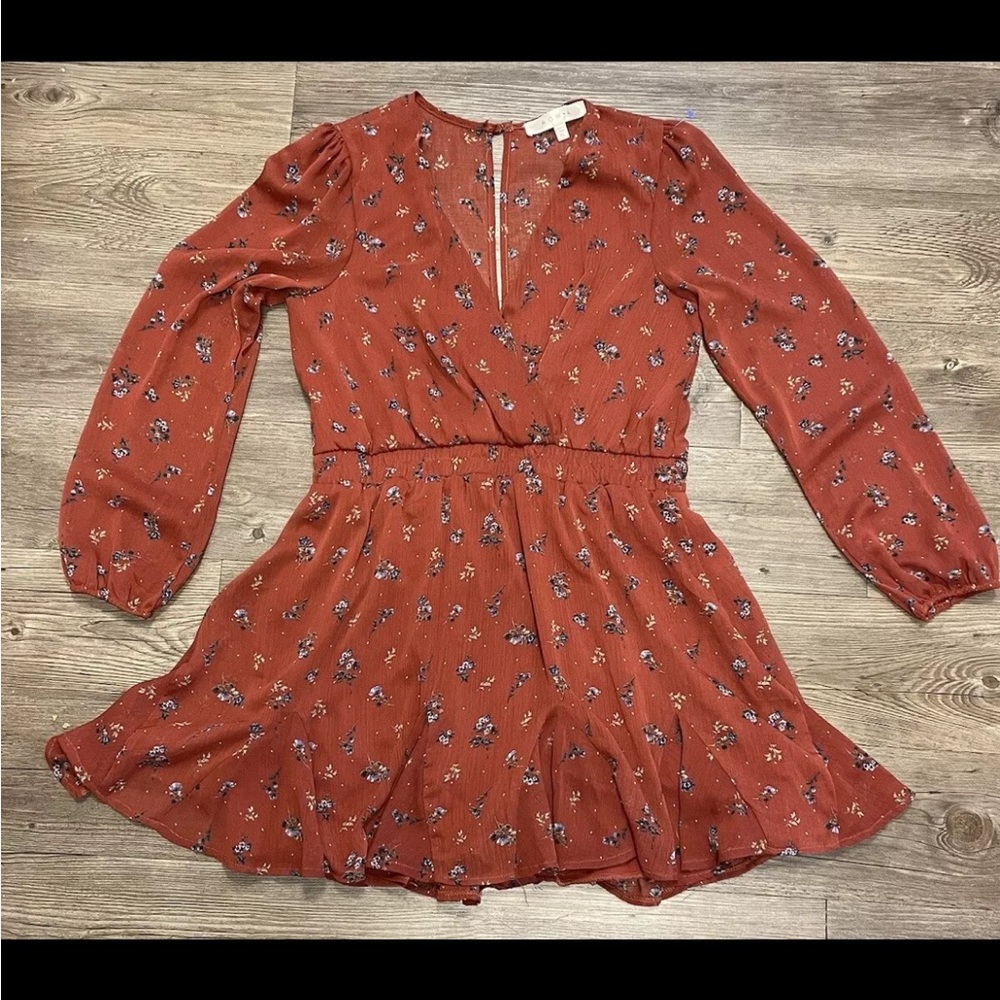 Row A - tunic Long Sleeve Chiffon Minidress, XL -  brick RedFloral Lined